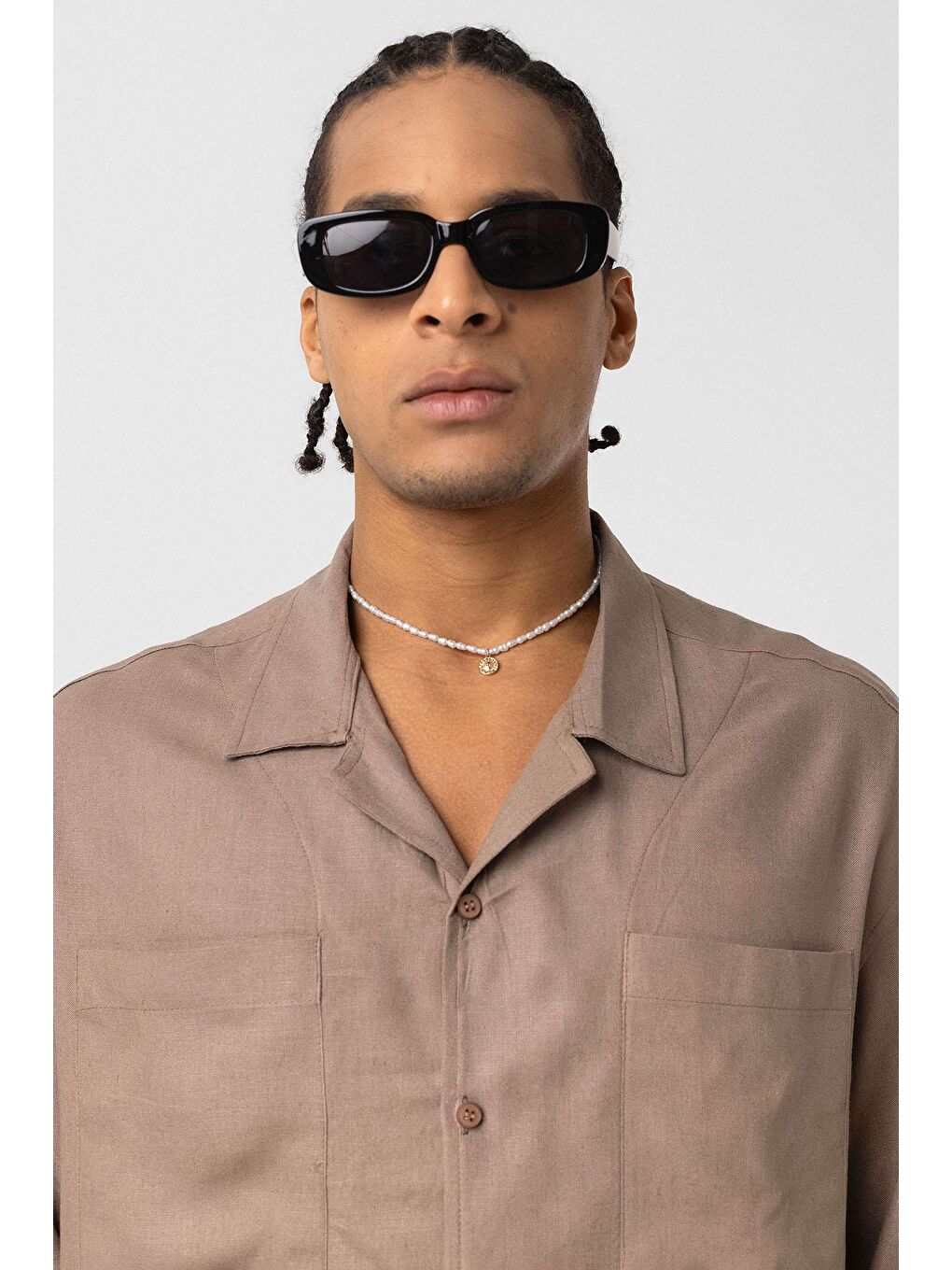 Bej Çift Cepli Oversize Keten Gömlek Vizon-5