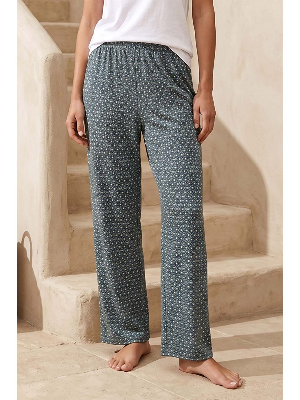 Kadın Yumoş Kumaş Pembe Yıldız Desen Tek Pijama Alt 32 İndigo01-1