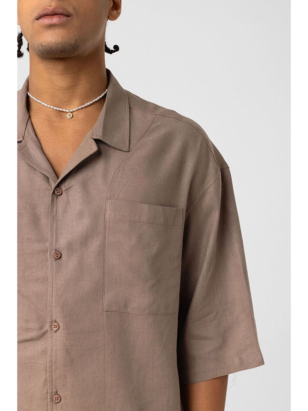 Bej Çift Cepli Oversize Keten Gömlek Vizon-6