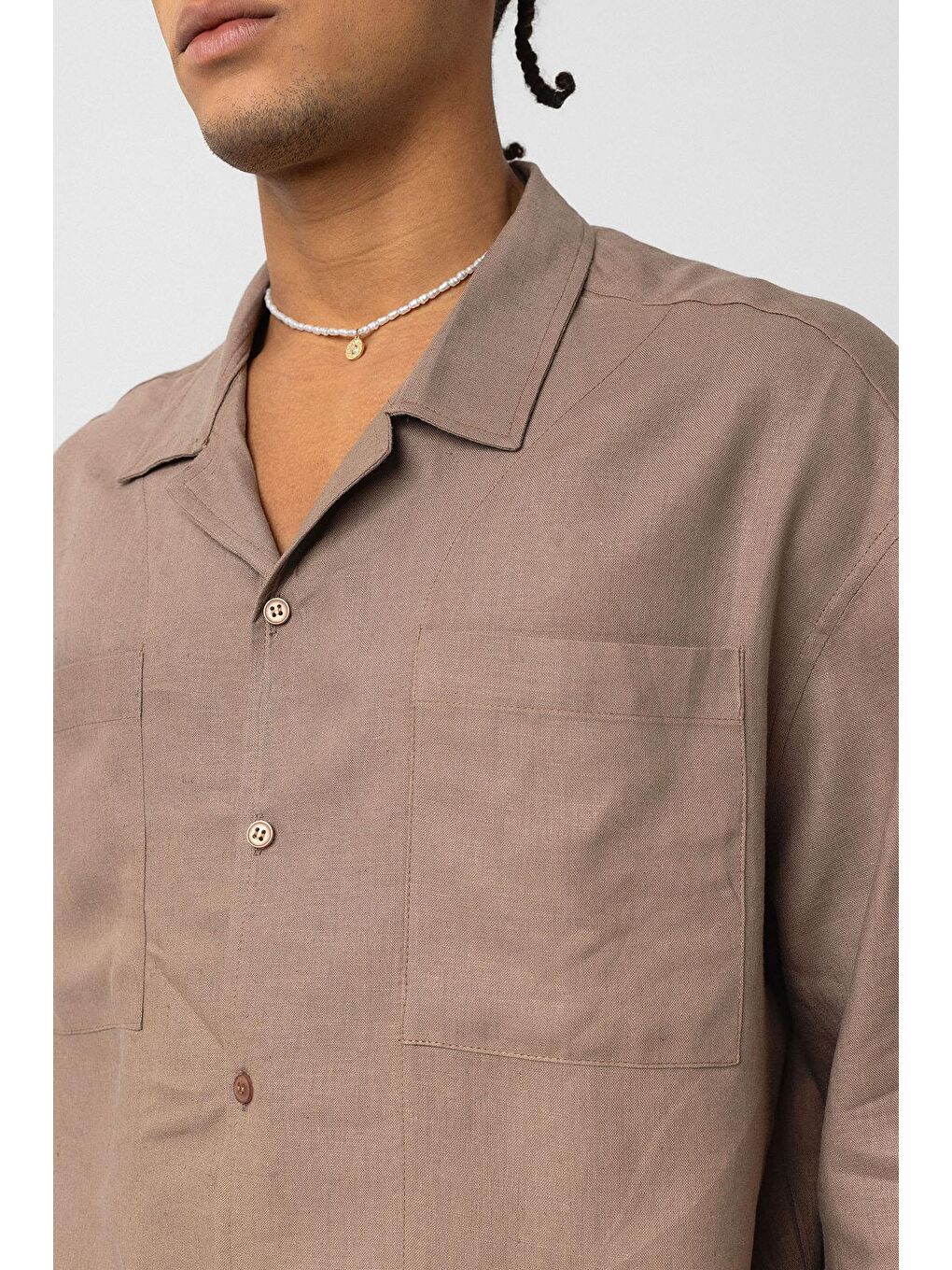 Bej Çift Cepli Oversize Keten Gömlek Vizon-7