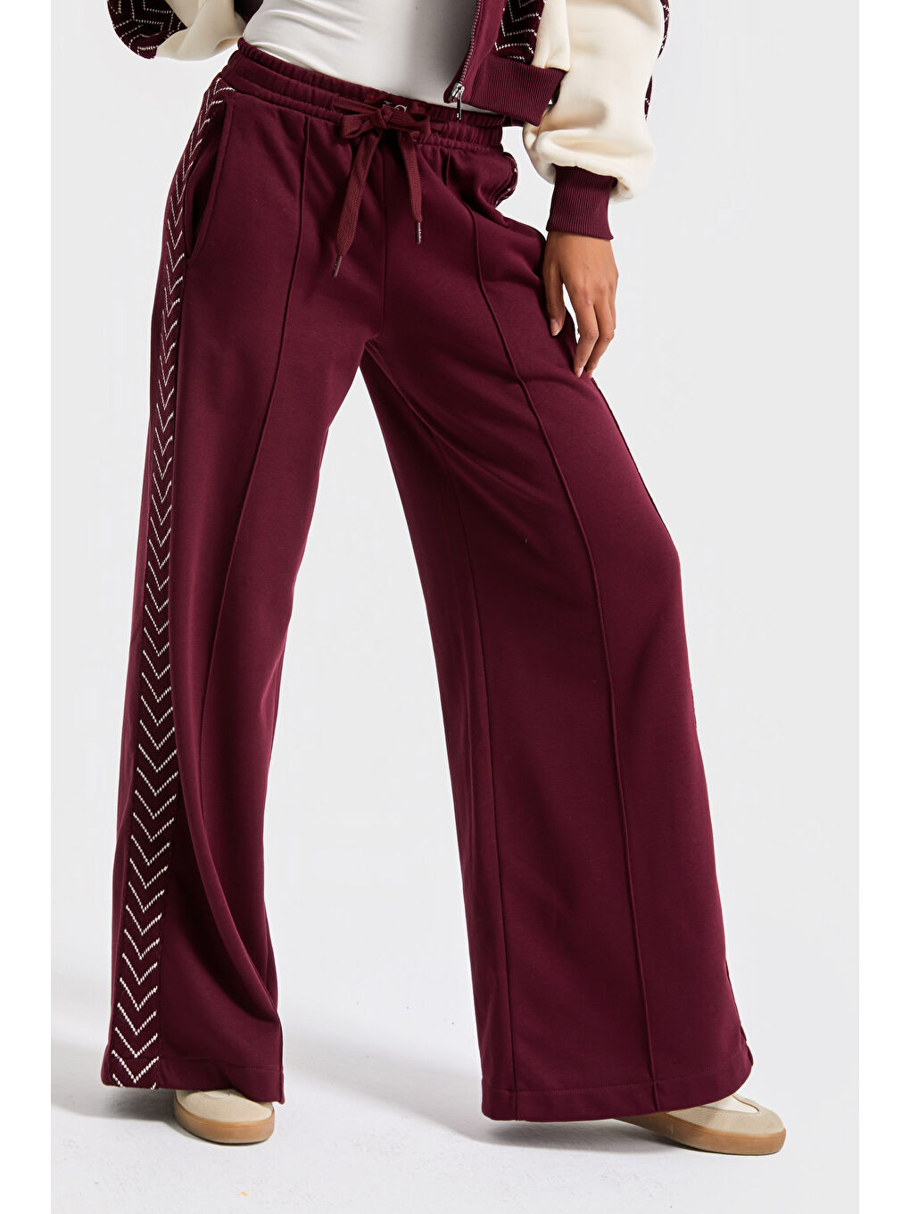 Kadın Bordo Renk w5-35 Kapüşonlu Sweatshirt Polar Eşofman Alt 2'li Kombin Kumaş Tasarım Takım-2