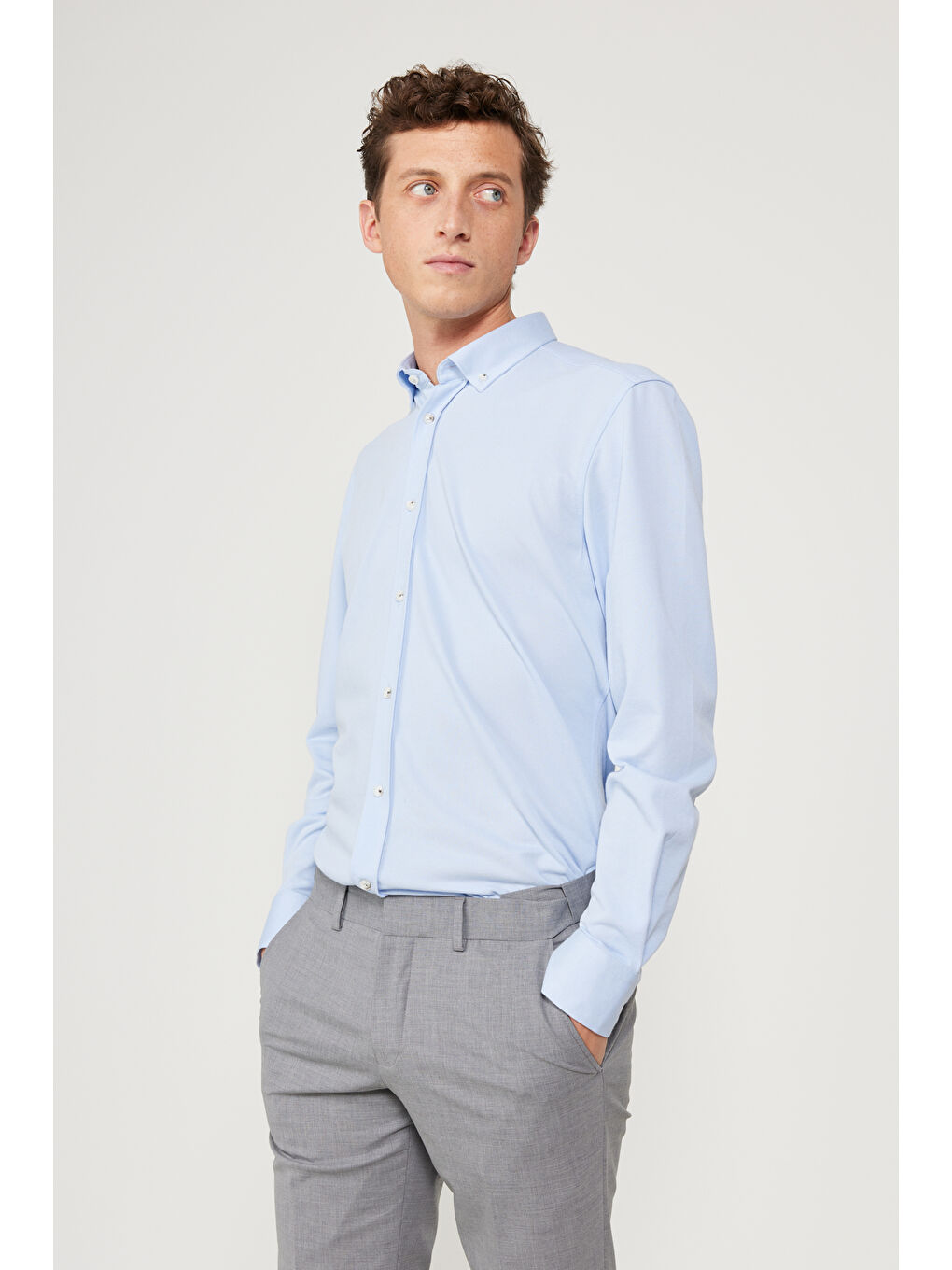 Erkek Açık Mavi Comfort Ft Geniş Kesim Düğmeli Yaka Pamuklu Armürlü Keten Gömlek-3