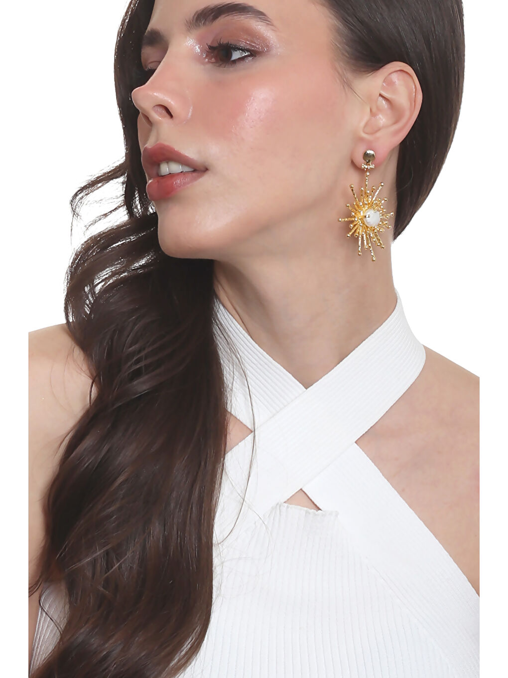 Sarı Kadın Altın Renk Kaplama Sedef Detaylı Çivili Model Büyük Güneş Küpe-4