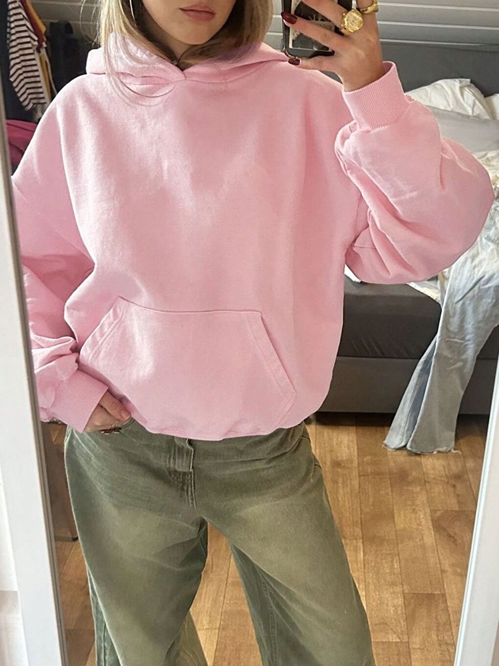 Kadın Tatlı Pembe Düz Kapüşonlu Sweatshirt
