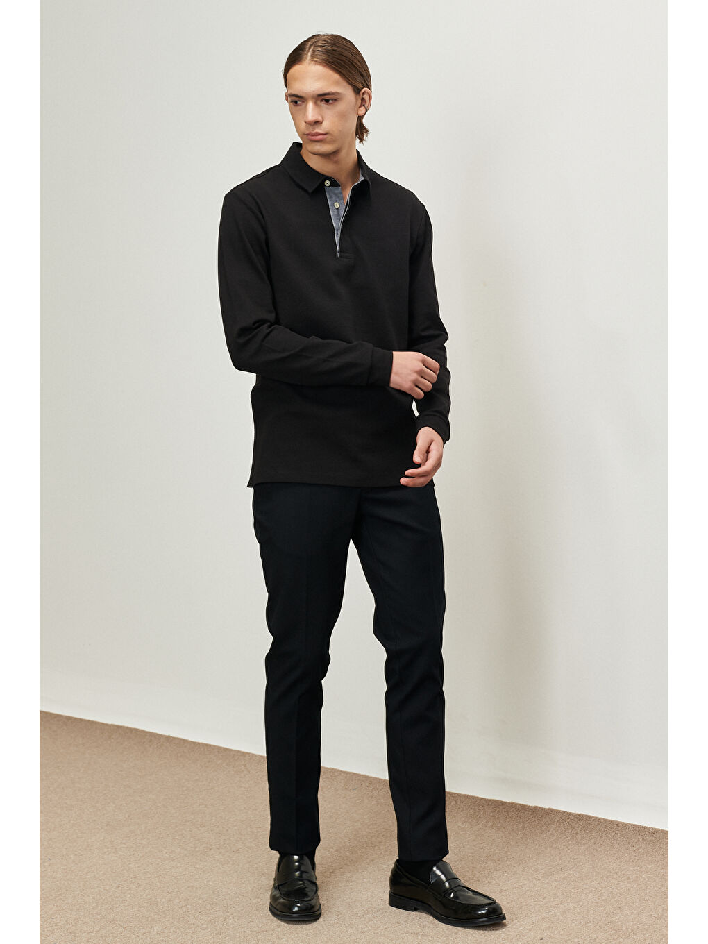 Erkek Siyah Slim  Fit Dar Kesim Polo Yaka Pamuklu Tişört-3