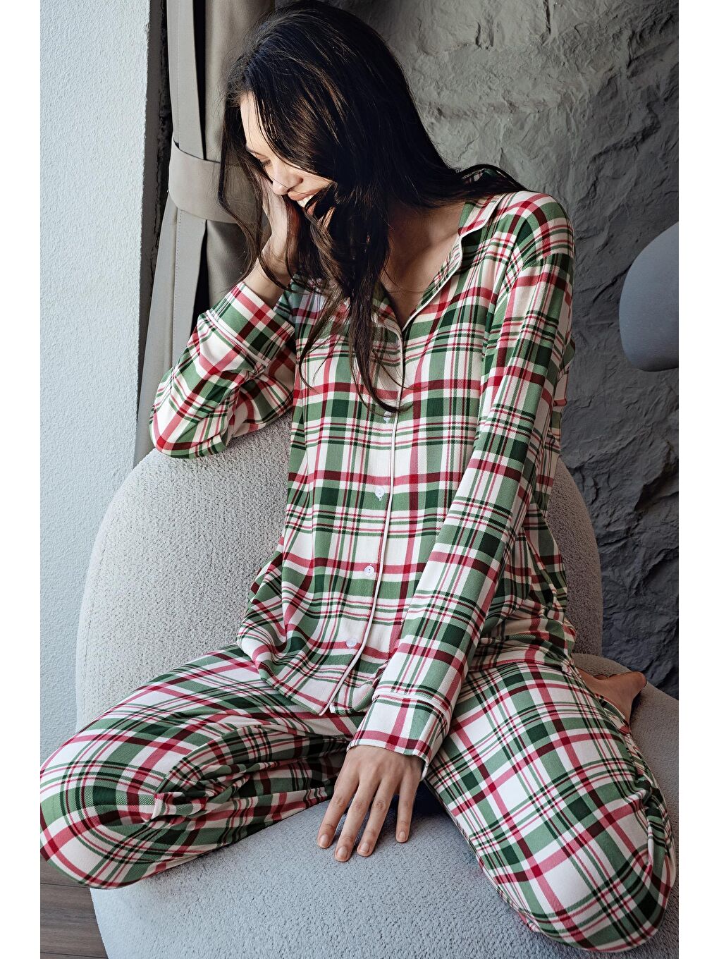 Kırmızı Termal Uzun Kollu Düğmeli Ekose Desenli Esnek Yumuşak Dokulu Pijama Takım 18221-6