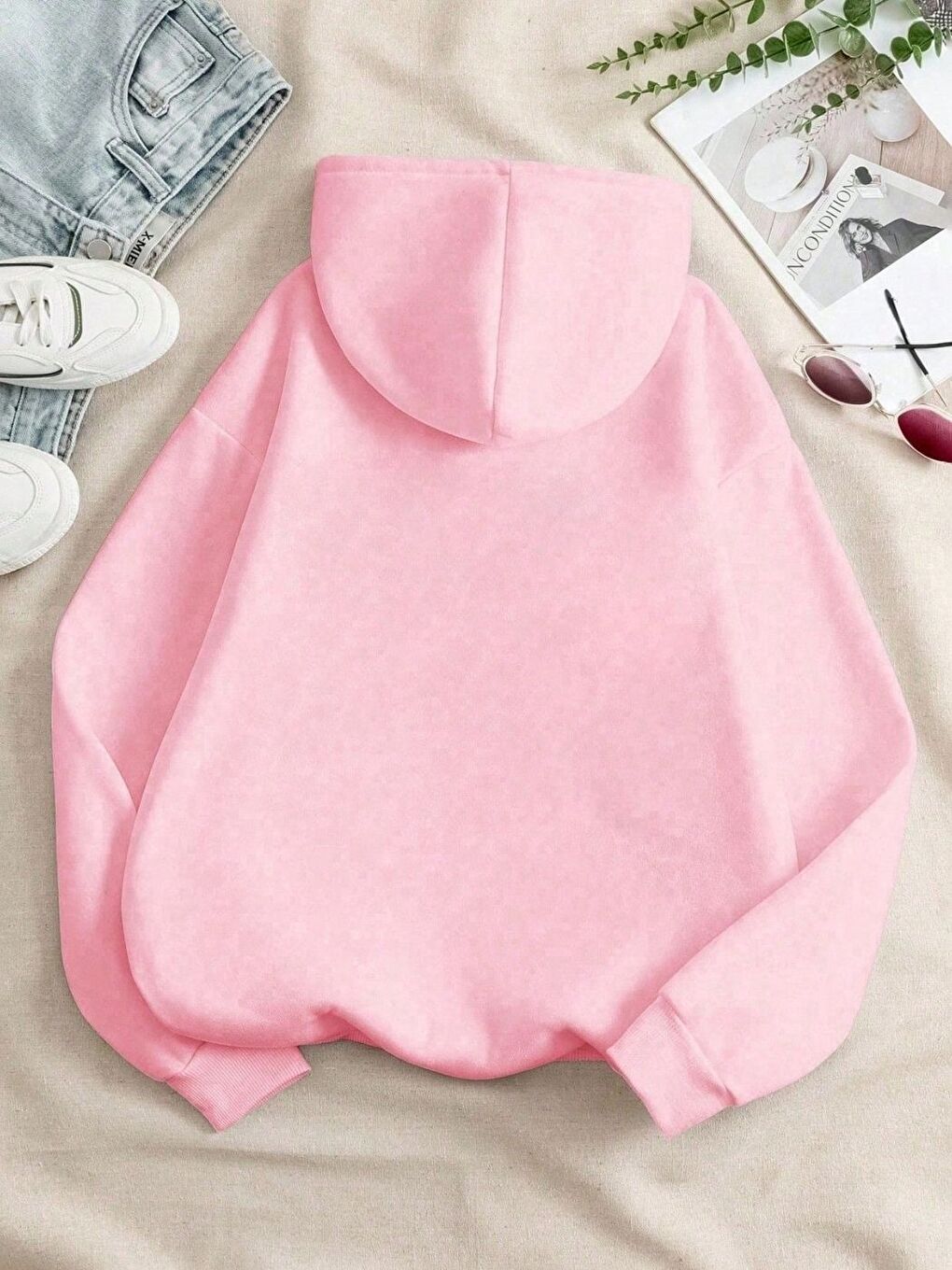Kadın Tatlı Pembe Düz Kapüşonlu Sweatshirt-1
