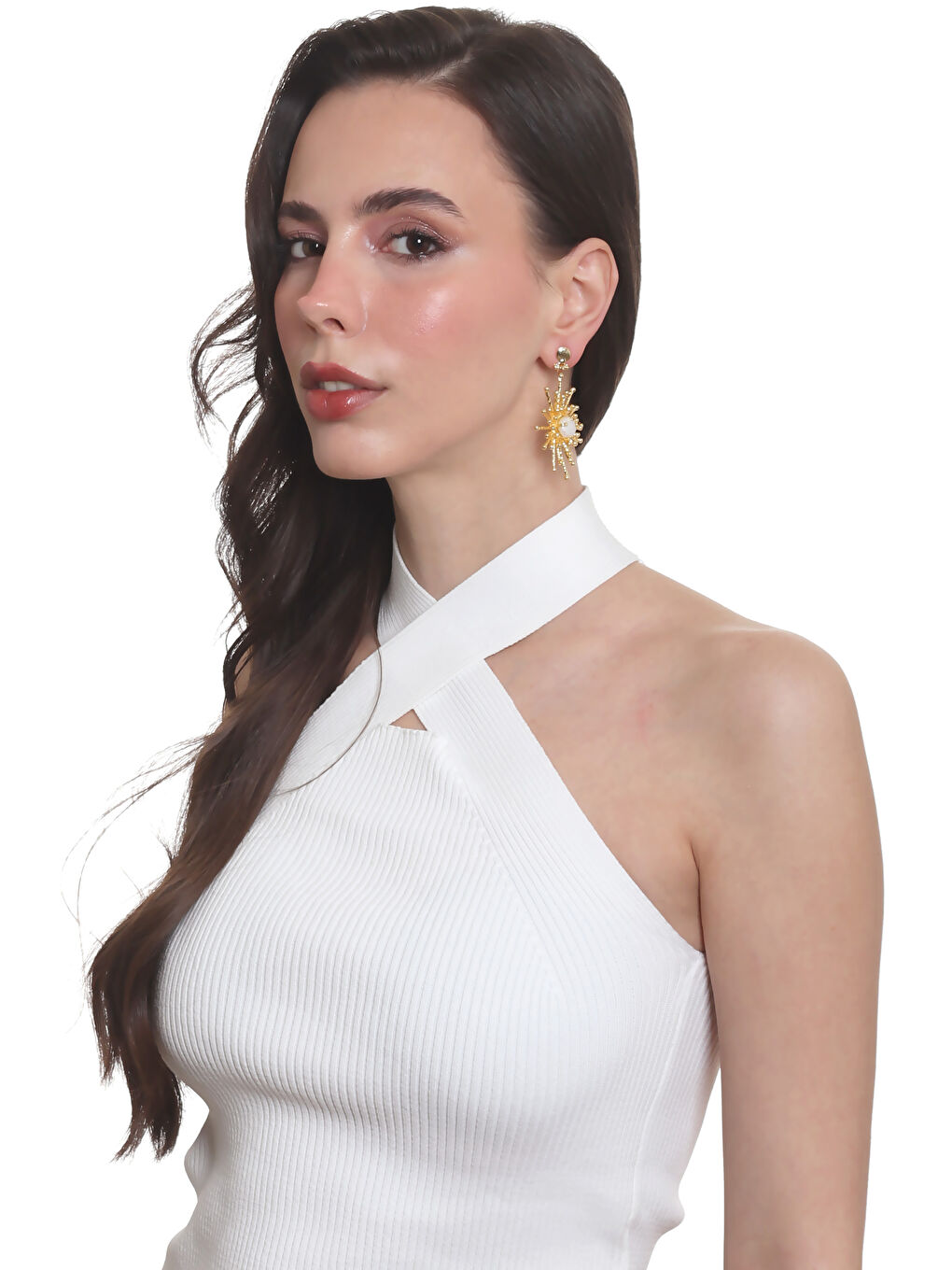 Sarı Kadın Altın Renk Kaplama Sedef Detaylı Çivili Model Büyük Güneş Küpe-1