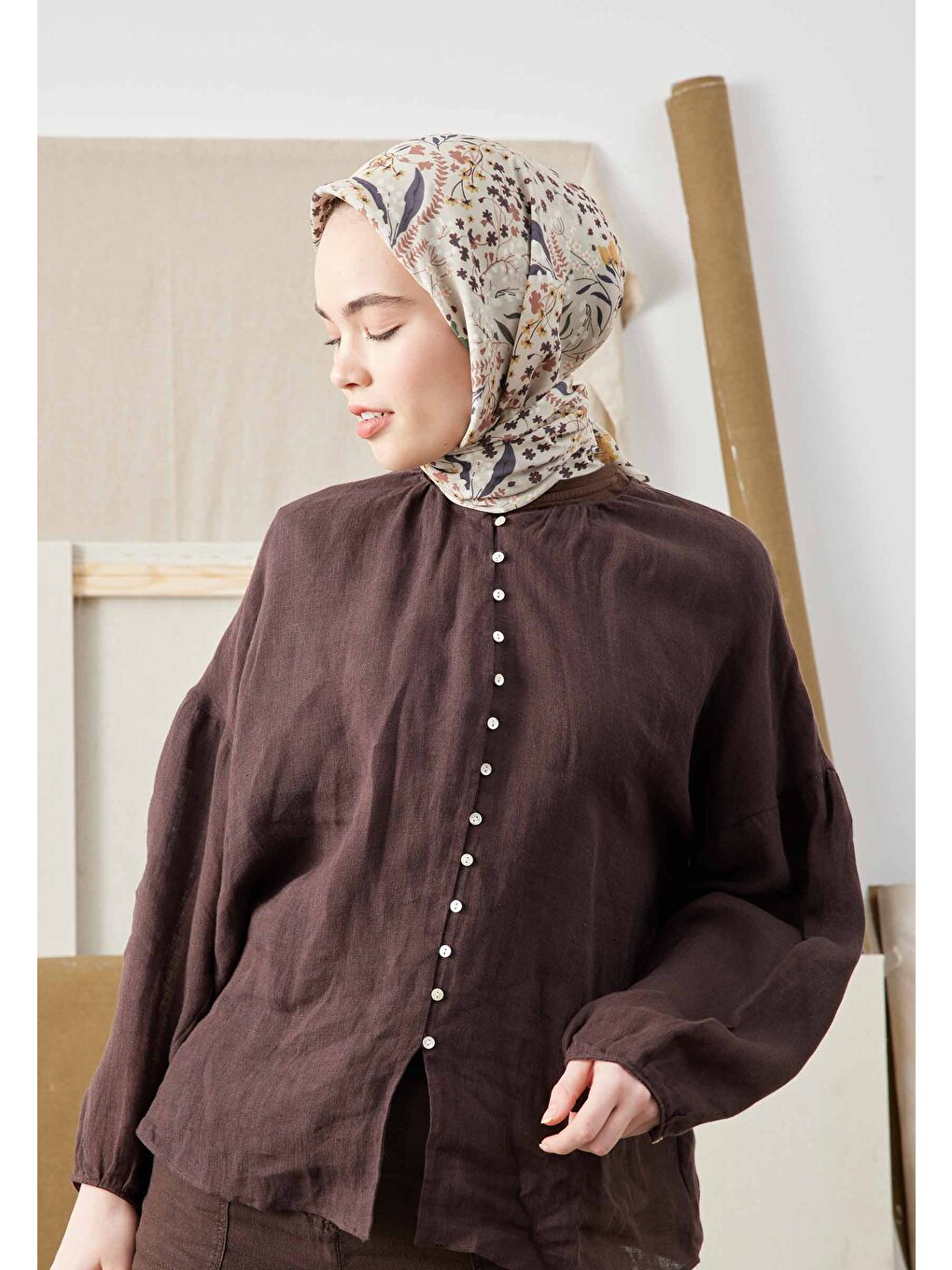 Tıny Garden Desen Pamuk İpek Eşarp Bej-2