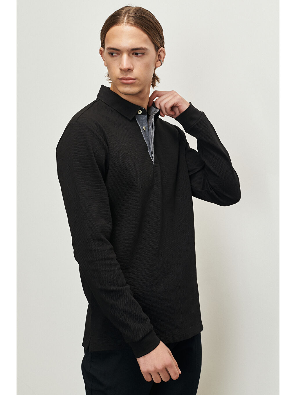 Erkek Siyah Slim  Fit Dar Kesim Polo Yaka Pamuklu Tişört-4