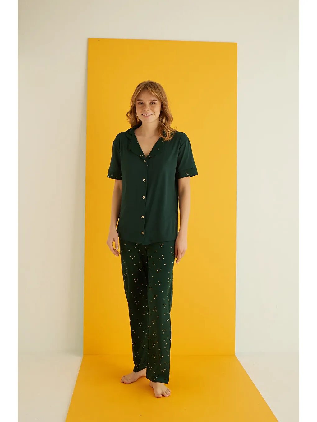 Yeşil Bamboo Düğmeli Pijama Takımı 7053-32-1