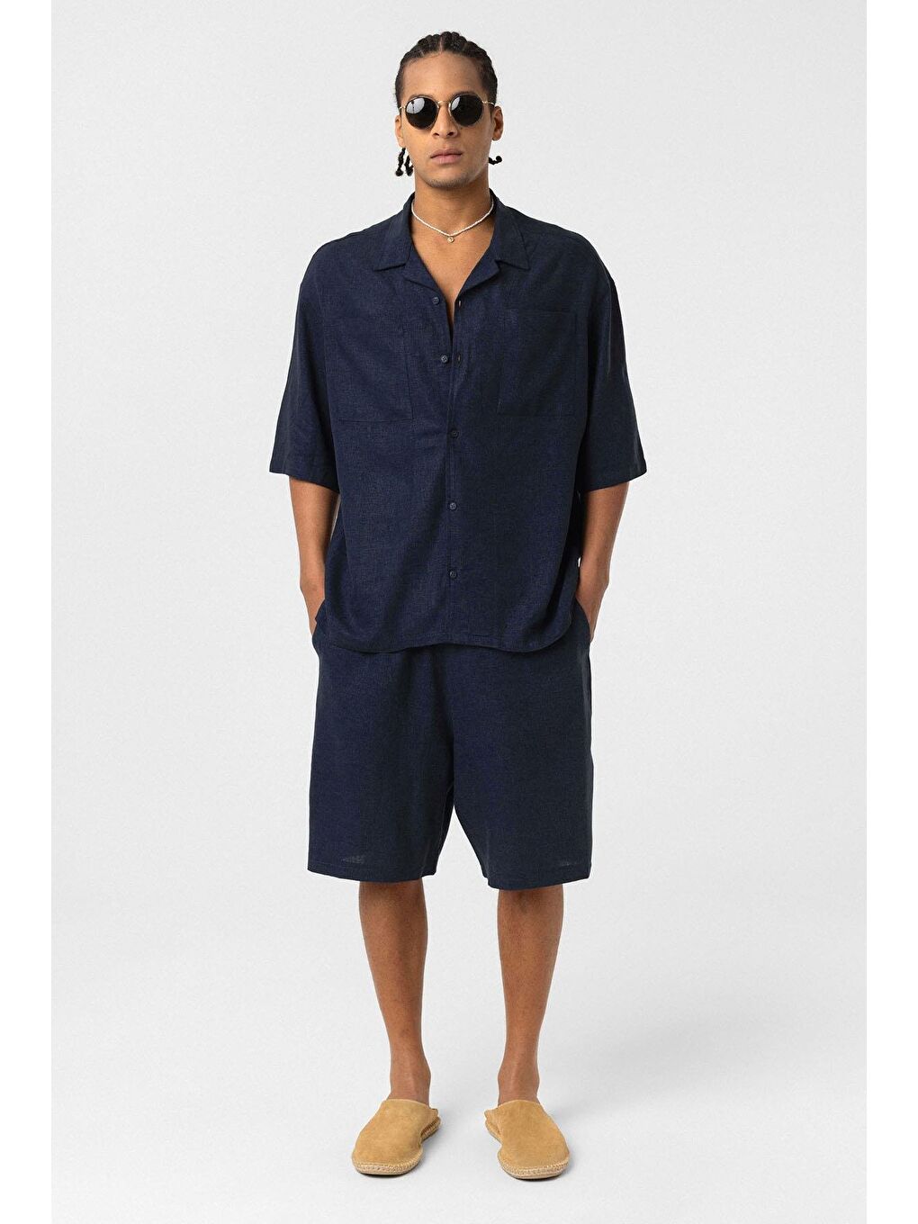 Çift Cepli Oversize Keten Gömlek Lacivert