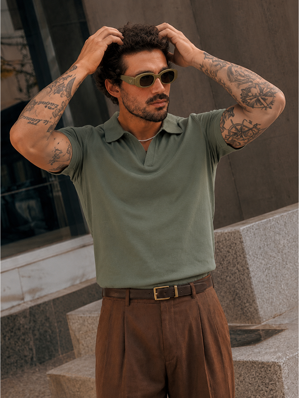 Erkek Polo Yaka %100 Pamuklu Basic Haki Tişört-3