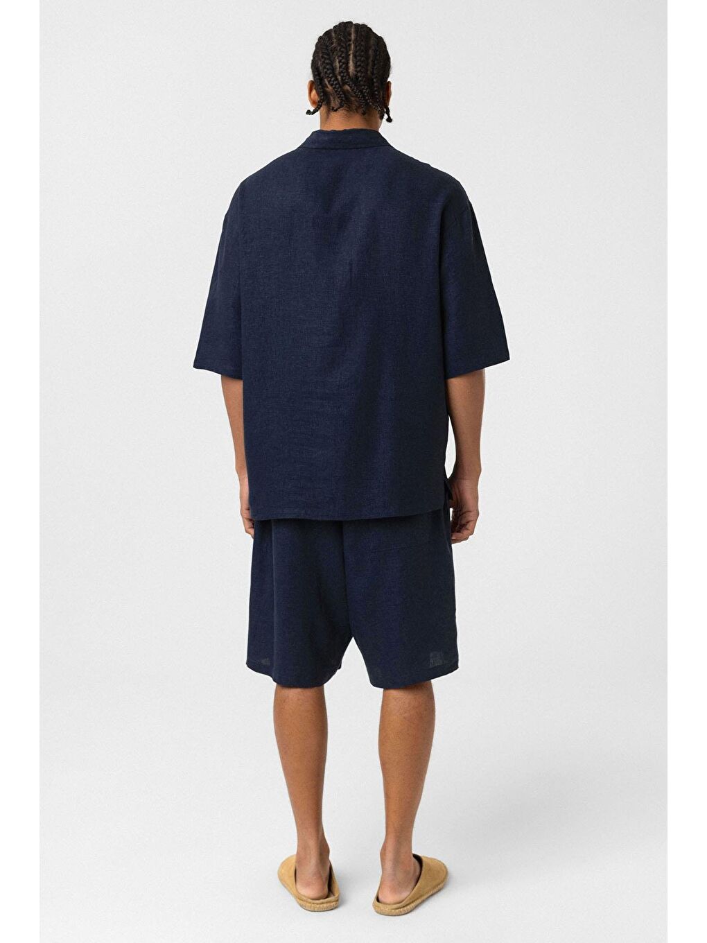 Çift Cepli Oversize Keten Gömlek Lacivert-1