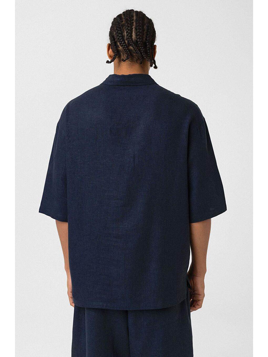 Çift Cepli Oversize Keten Gömlek Lacivert-2