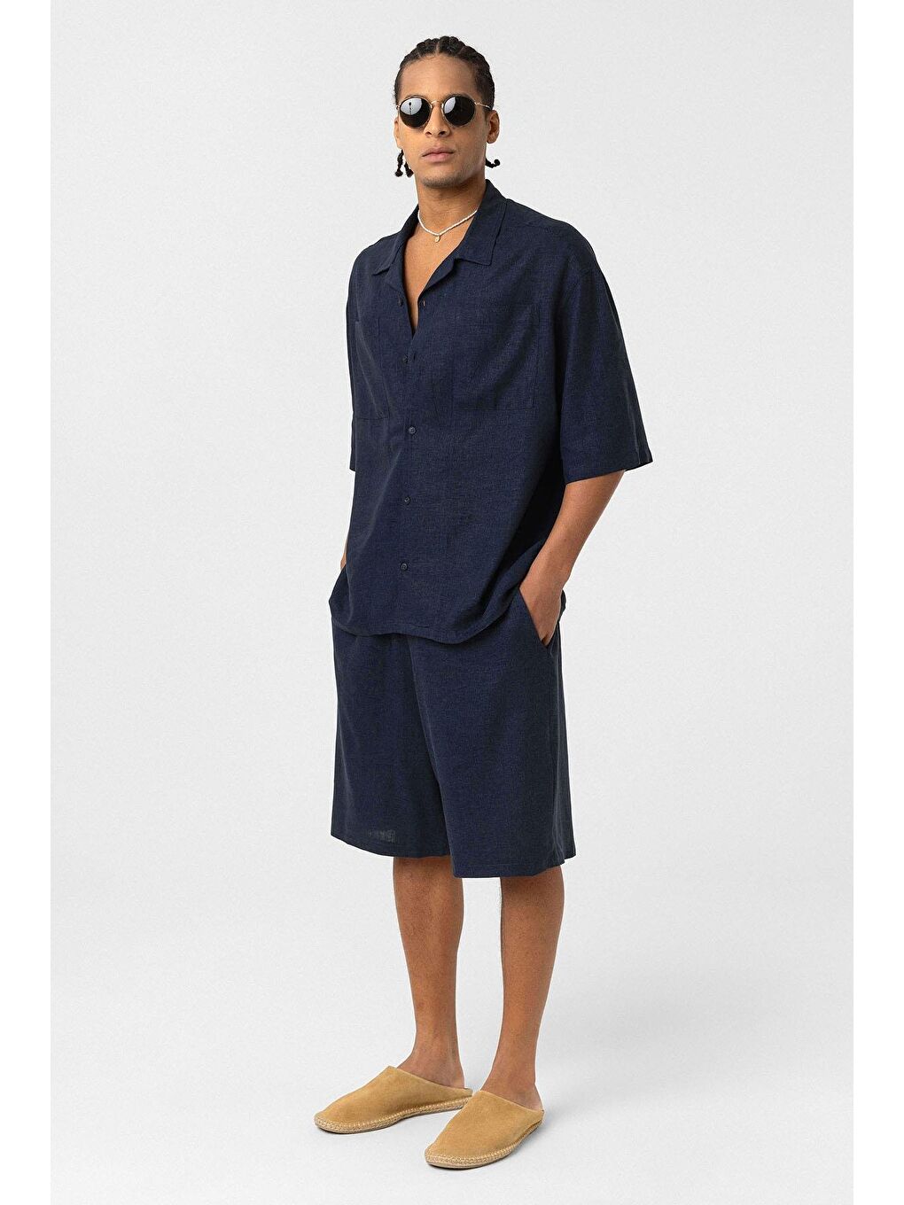 Çift Cepli Oversize Keten Gömlek Lacivert-3