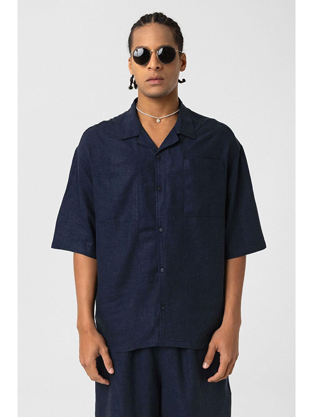 Çift Cepli Oversize Keten Gömlek Lacivert-4