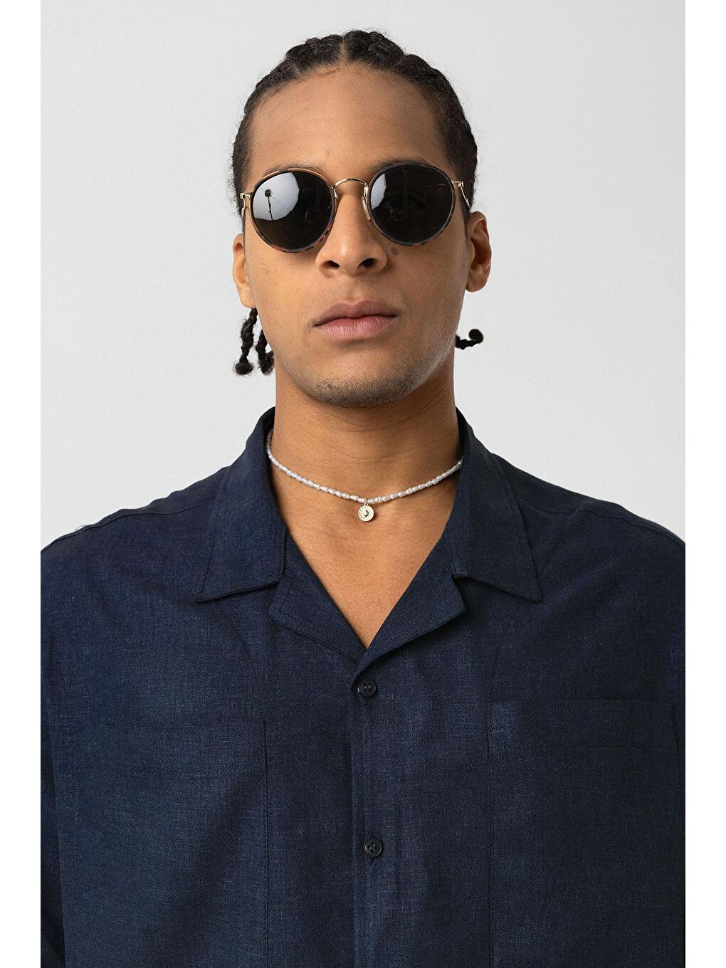 Çift Cepli Oversize Keten Gömlek Lacivert-6