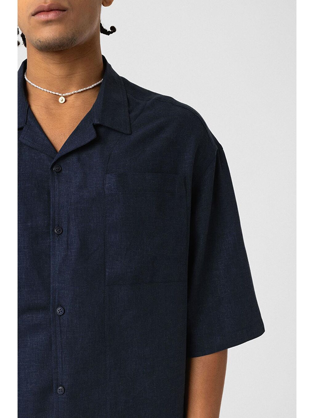 Çift Cepli Oversize Keten Gömlek Lacivert-7