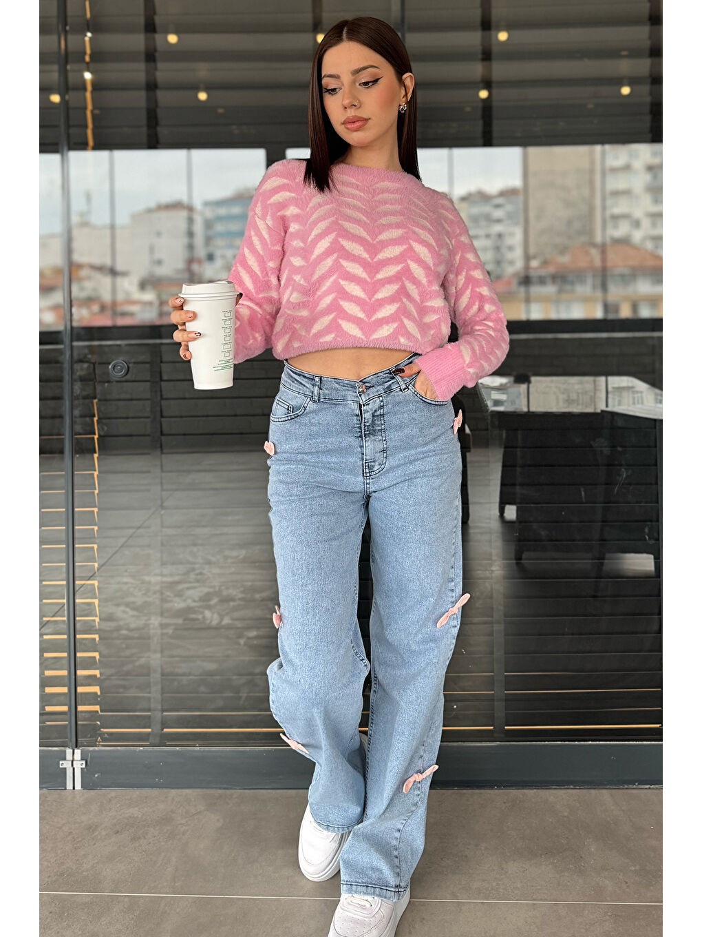 Mavi Fiyonk Detaylı Yüksek Bel Bol Paça Kadın Jean Pantolon-1