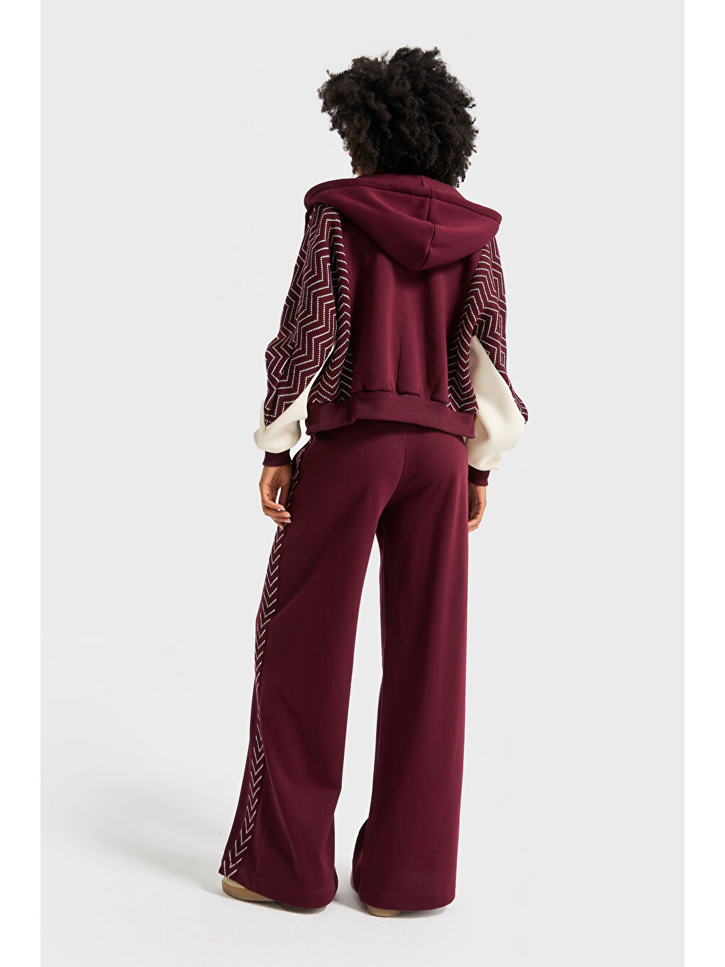 Kadın Bordo Renk w5-35 Kapüşonlu Sweatshirt Polar Eşofman Alt 2'li Kombin Kumaş Tasarım Takım-4