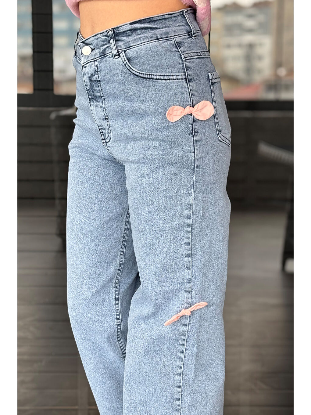 Mavi Fiyonk Detaylı Yüksek Bel Bol Paça Kadın Jean Pantolon-2