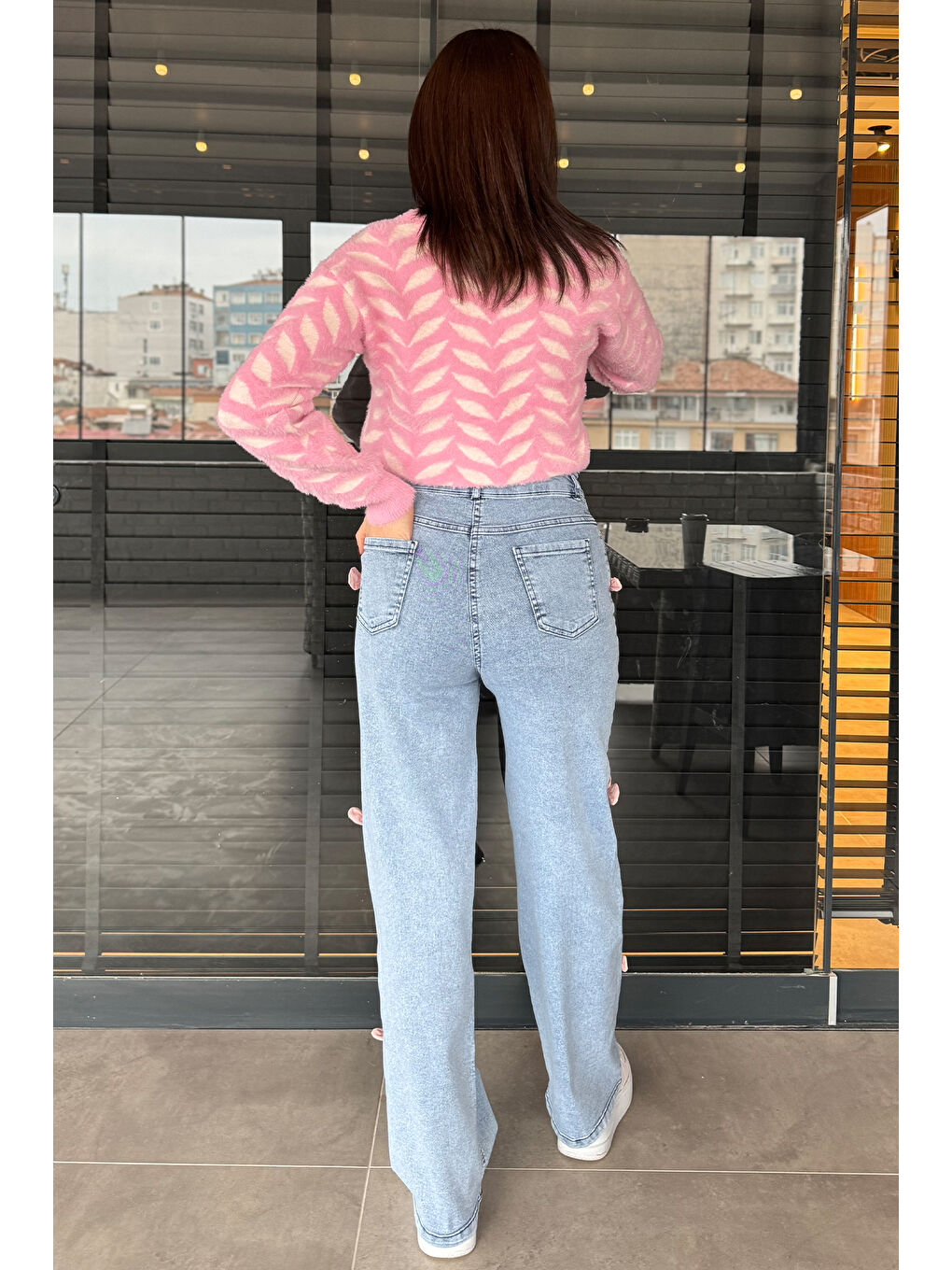 Mavi Fiyonk Detaylı Yüksek Bel Bol Paça Kadın Jean Pantolon-3