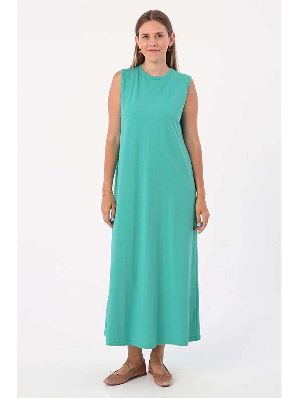 Turkuaz-Pamuklu Bisiklet Yaka Kolsuz İçlik Elbise-1