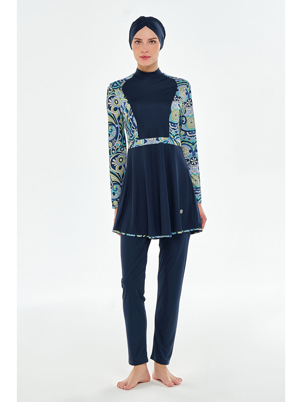 Elastanlı Tam Kapalı Tesettür Mayo Desen Detaylı 3118 Koyu Lacivert-1