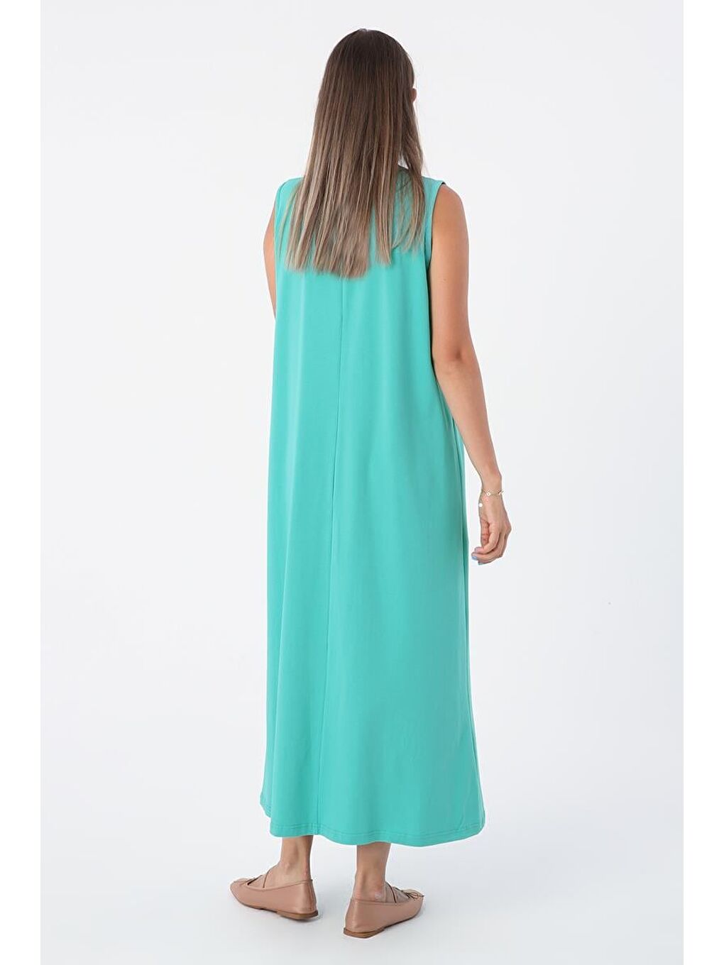 Turkuaz-Pamuklu Bisiklet Yaka Kolsuz İçlik Elbise-3