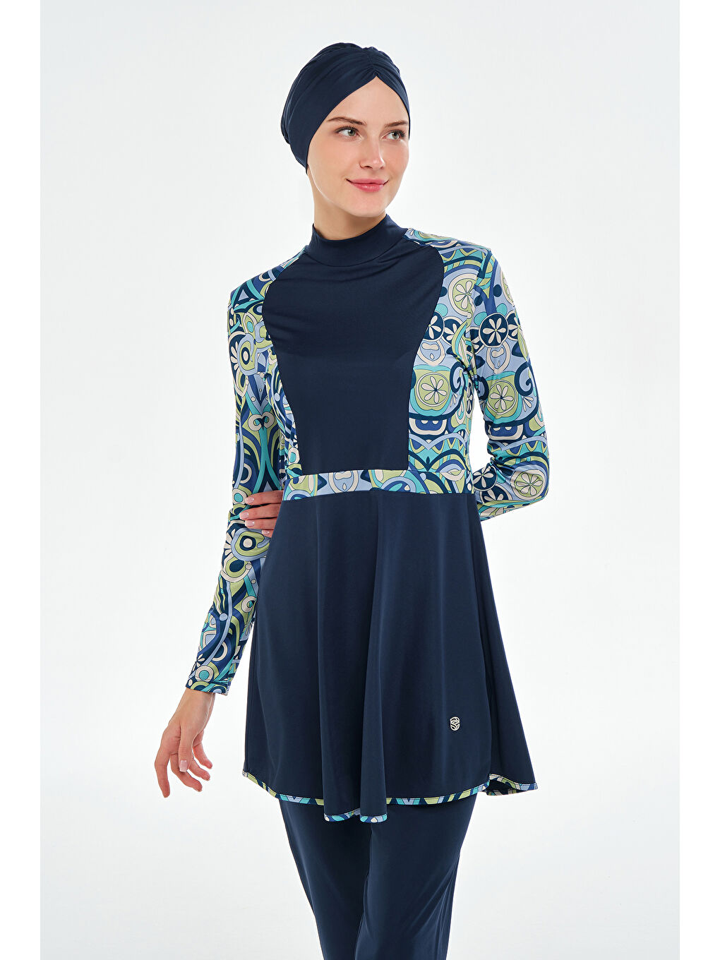 Elastanlı Tam Kapalı Tesettür Mayo Desen Detaylı 3118 Koyu Lacivert-2