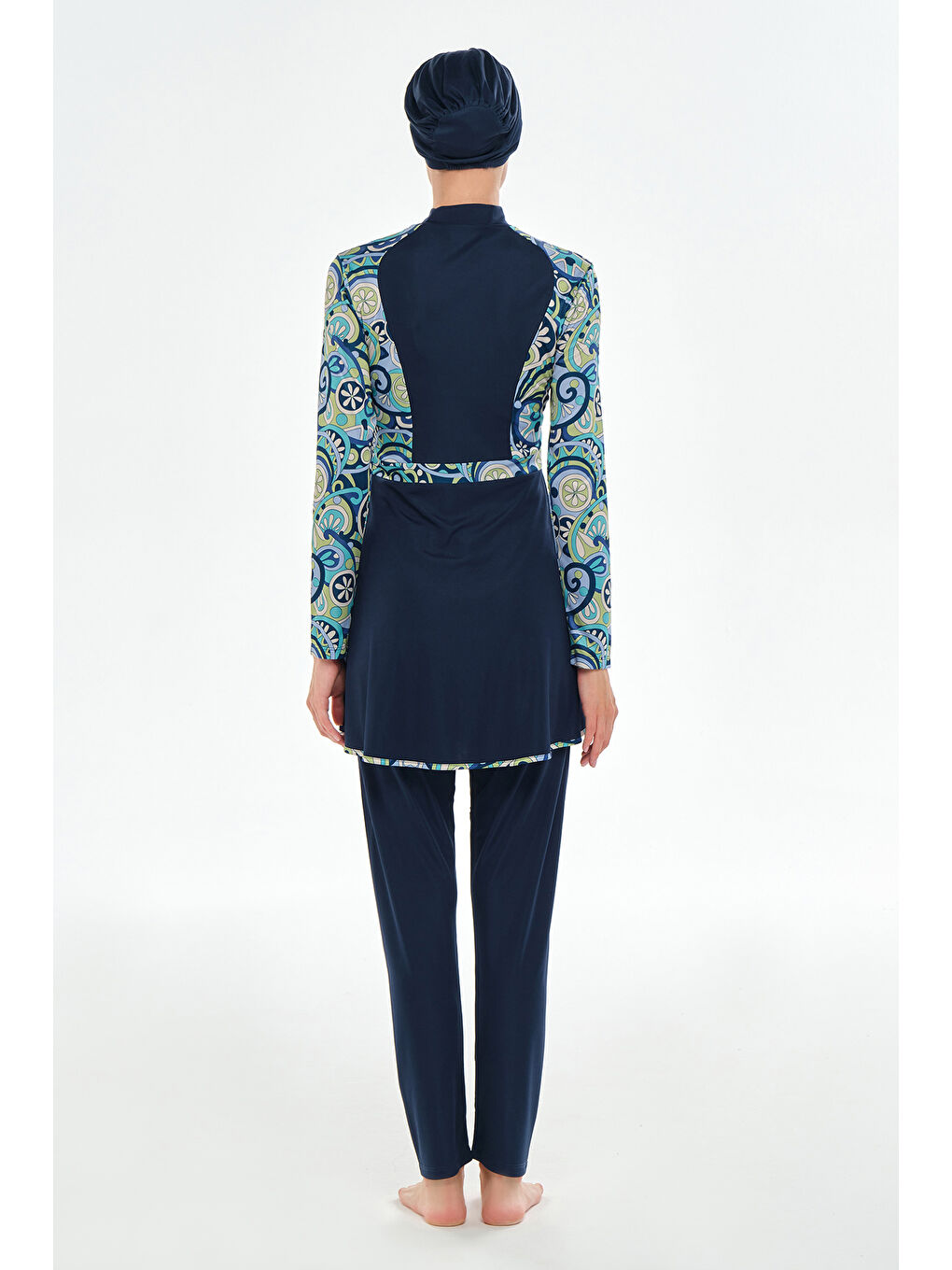 Elastanlı Tam Kapalı Tesettür Mayo Desen Detaylı 3118 Koyu Lacivert-3