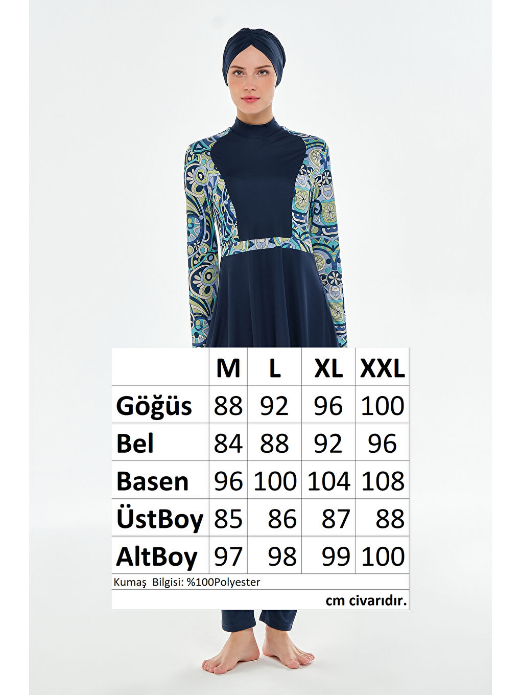 Elastanlı Tam Kapalı Tesettür Mayo Desen Detaylı 3118 Koyu Lacivert-4