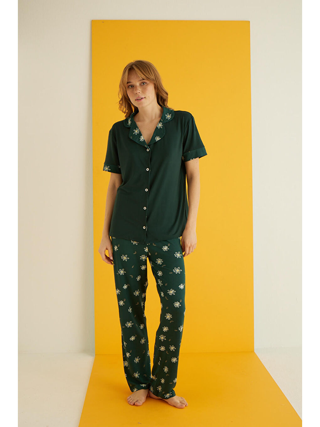 Yeşil Bamboo Düğmeli Pijama Takımı 7053-20-1