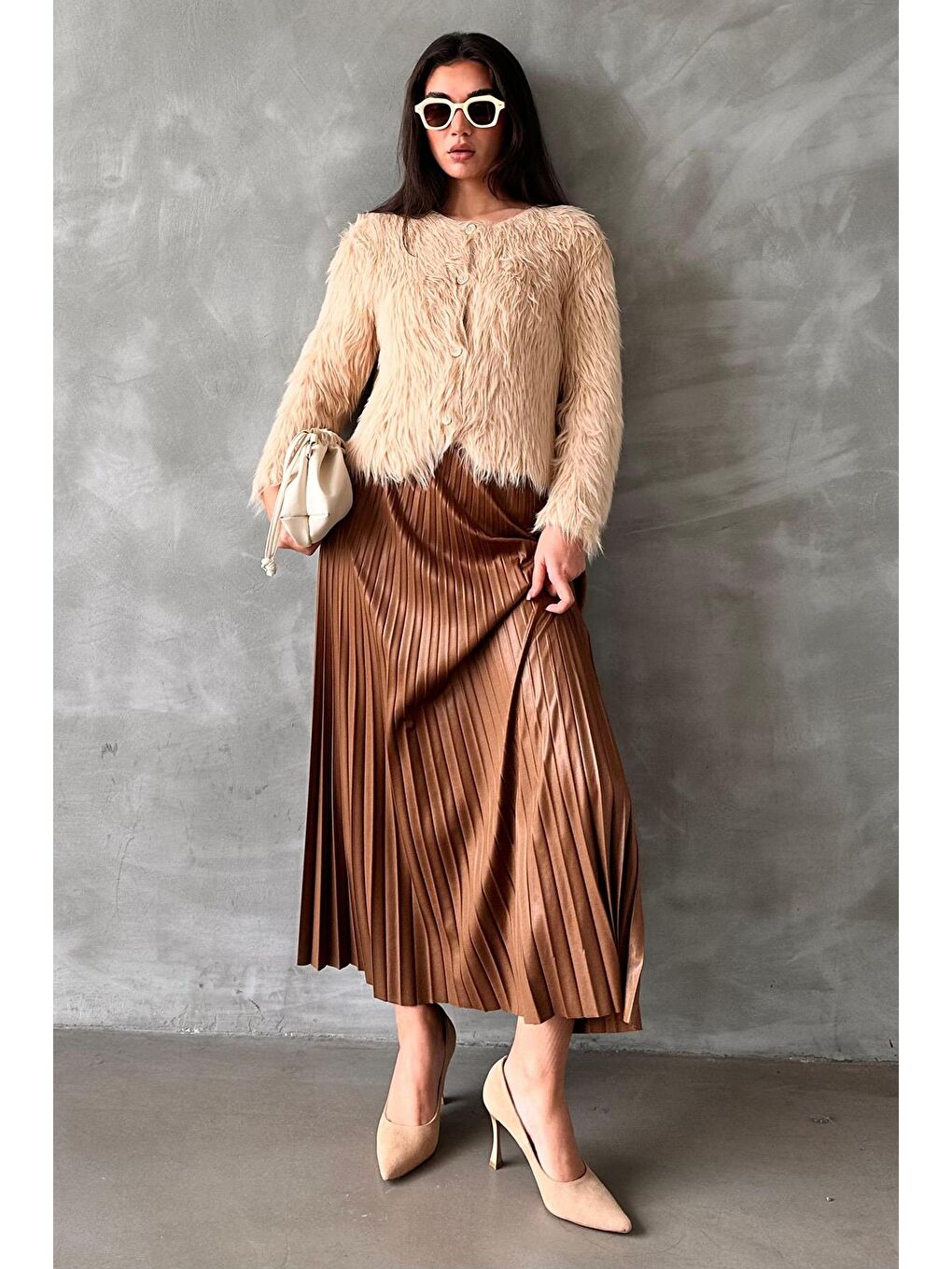 Kahverengi Pileli Kadın Etek Mg2318-1