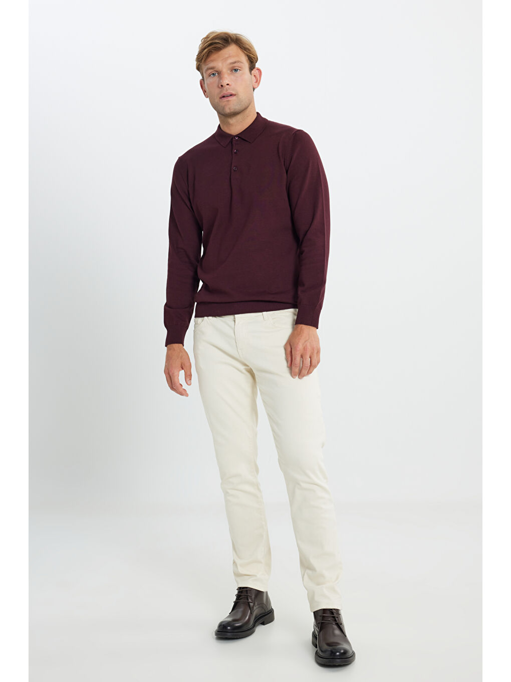 Erkek Bordo Pamuklu Standart Fit Normal Kesim Polo Yaka Triko Kazak-1