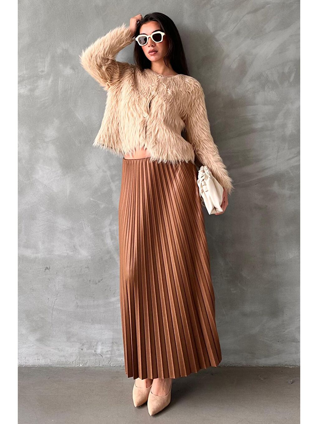 Kahverengi Pileli Kadın Etek Mg2318-2