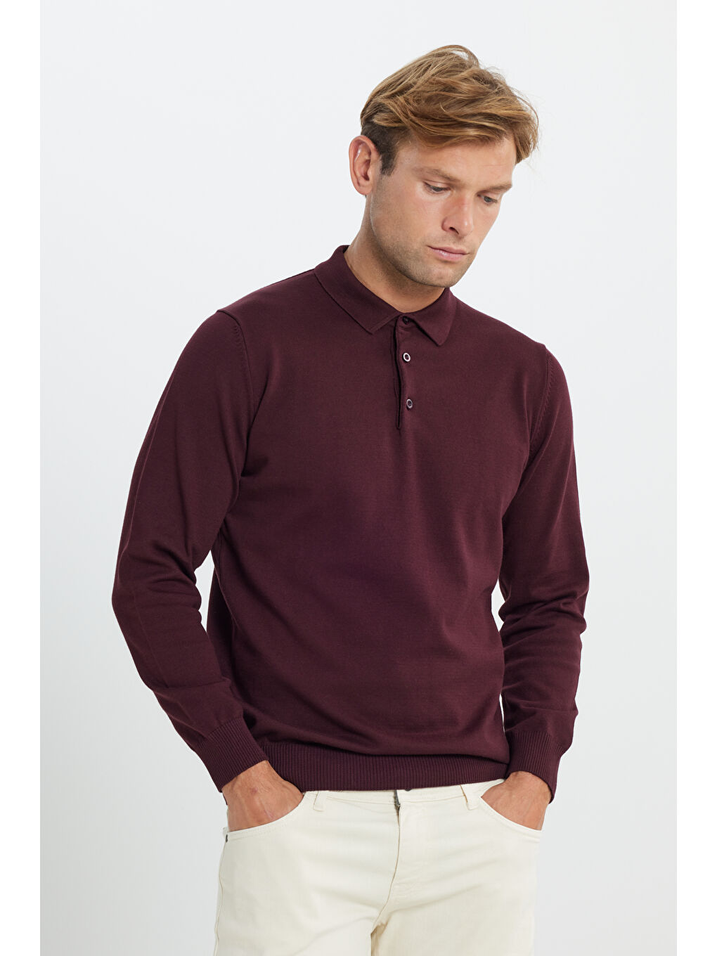 Erkek Bordo Pamuklu Standart Fit Normal Kesim Polo Yaka Triko Kazak-2