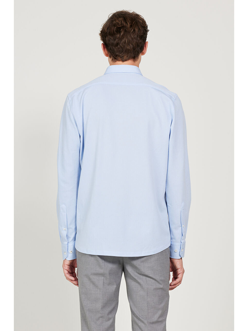 Erkek Açık Mavi Comfort Ft Geniş Kesim Düğmeli Yaka Pamuklu Armürlü Keten Gömlek-6