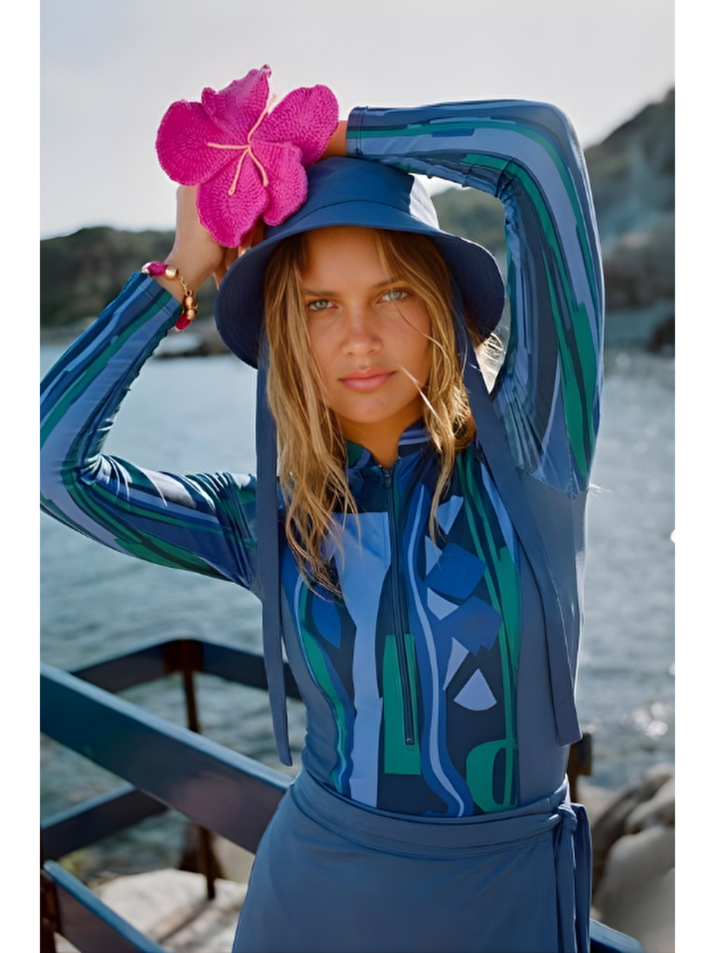 Yüzücü Mayo Tayt Etek 3lü Etnik Tesettür Mayo İndigo-3