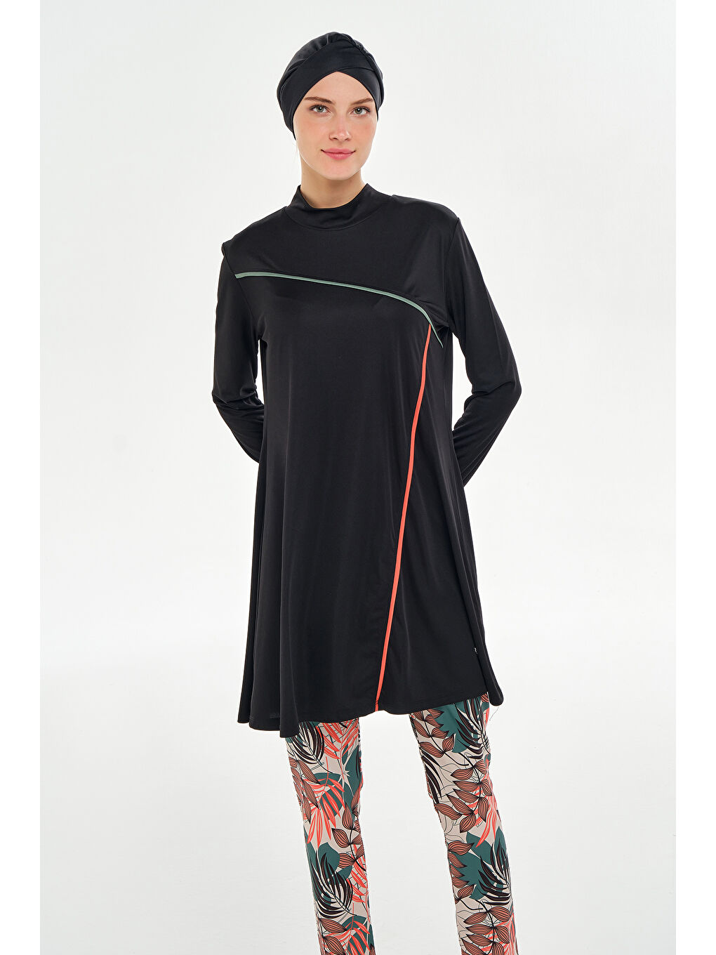 Elastanlı Tam Kapalı Tesettür Mayo Taytı Desenli 3126 Siyah-1