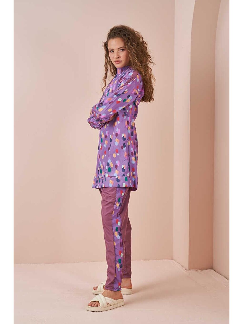 Puantiye Desen Tesettür Mayo Kısa Lila