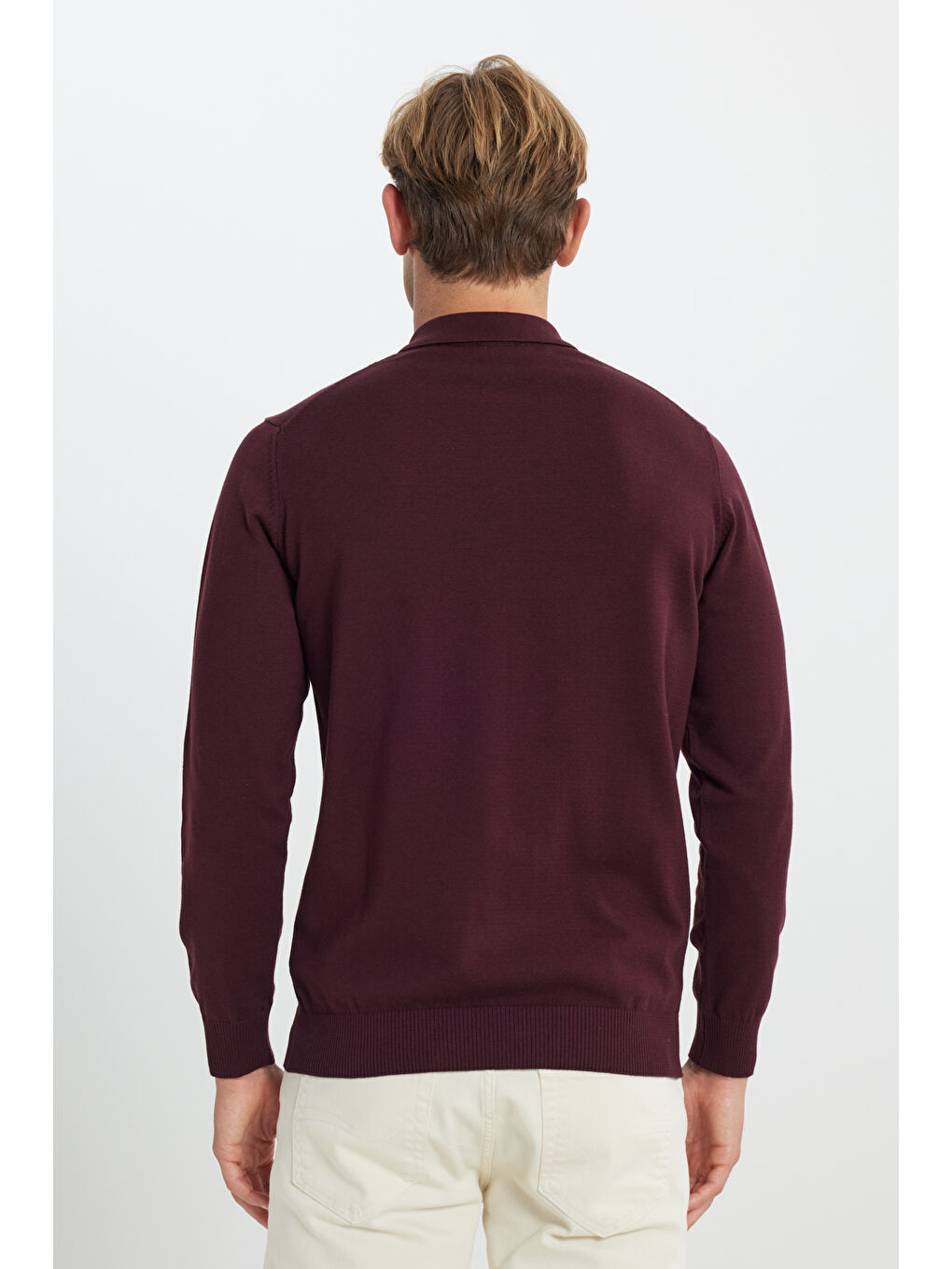Erkek Bordo Pamuklu Standart Fit Normal Kesim Polo Yaka Triko Kazak-5