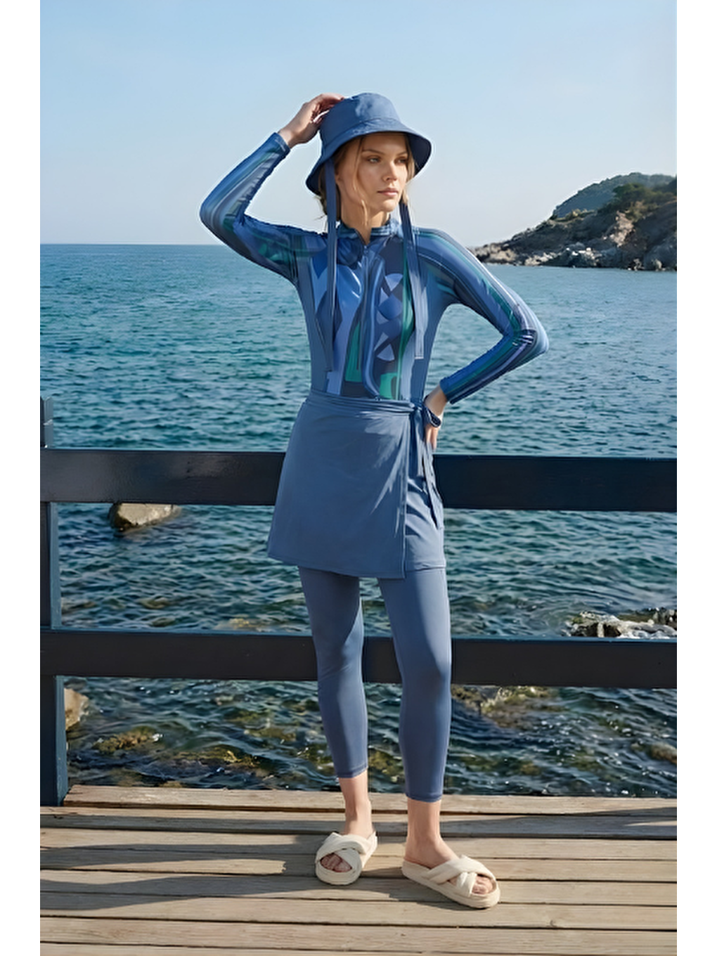 Yüzücü Mayo Tayt Etek 3lü Etnik Tesettür Mayo İndigo-4