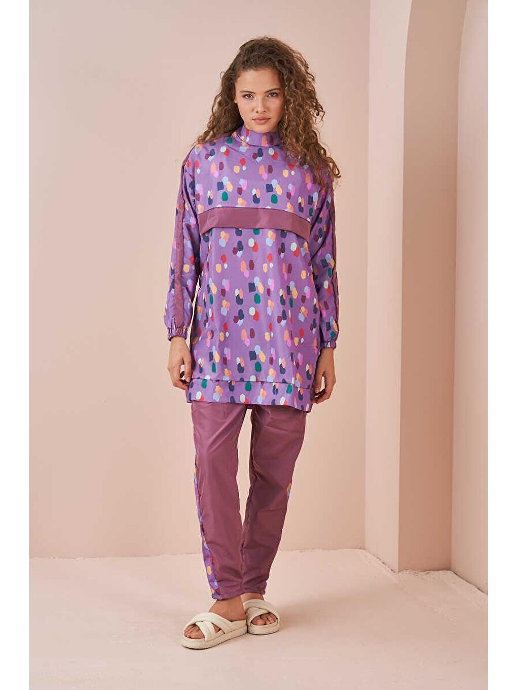 Puantiye Desen Tesettür Mayo Kısa Lila-1