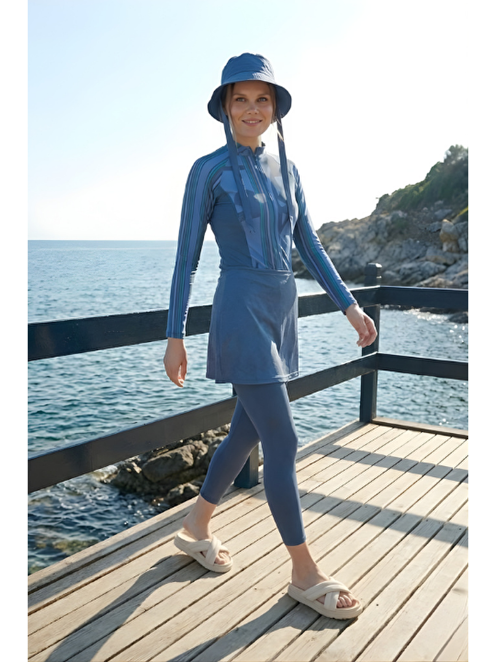 Yüzücü Mayo Tayt Etek 3lü Etnik Tesettür Mayo İndigo-5