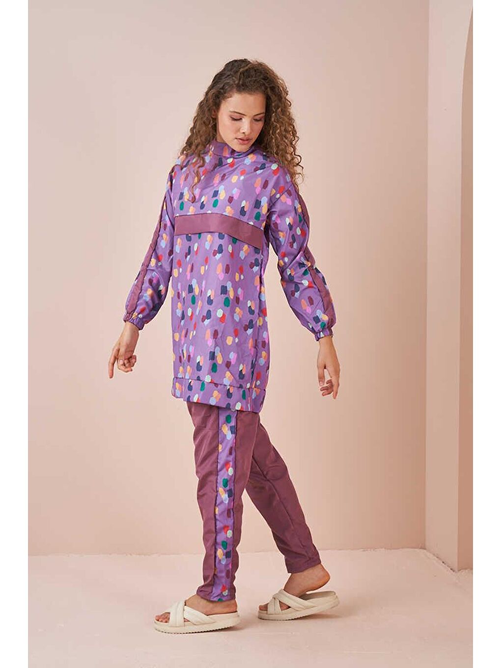 Puantiye Desen Tesettür Mayo Kısa Lila-2