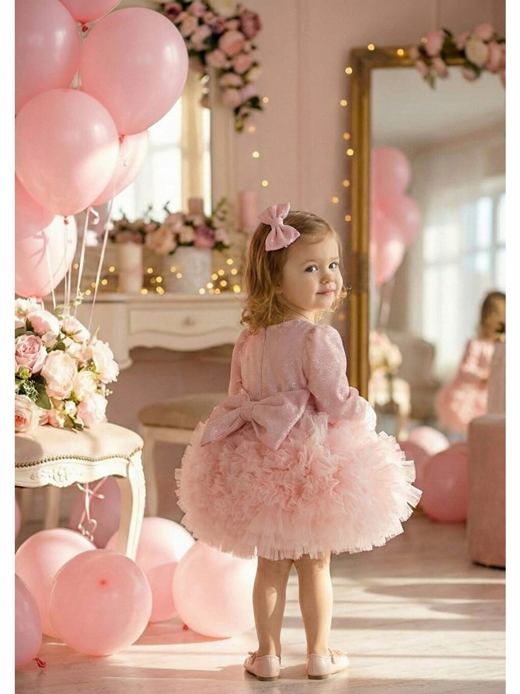Pembe Tütülü Kabarık Uzun Kollu Kız Çocuk Kız Bebek Elbise-1