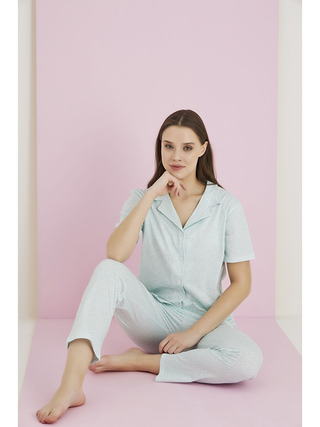 Mavi Penye Düğmeli Pijama Takımı 7096-10