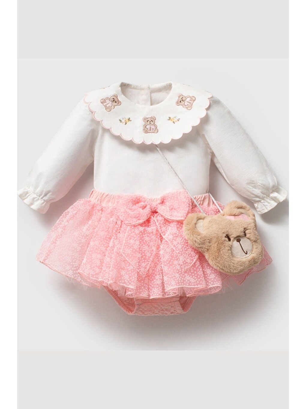 Pembe Kız Bebek Dantel Detaylı Ayıcık Figürlü 3'lü Takımı